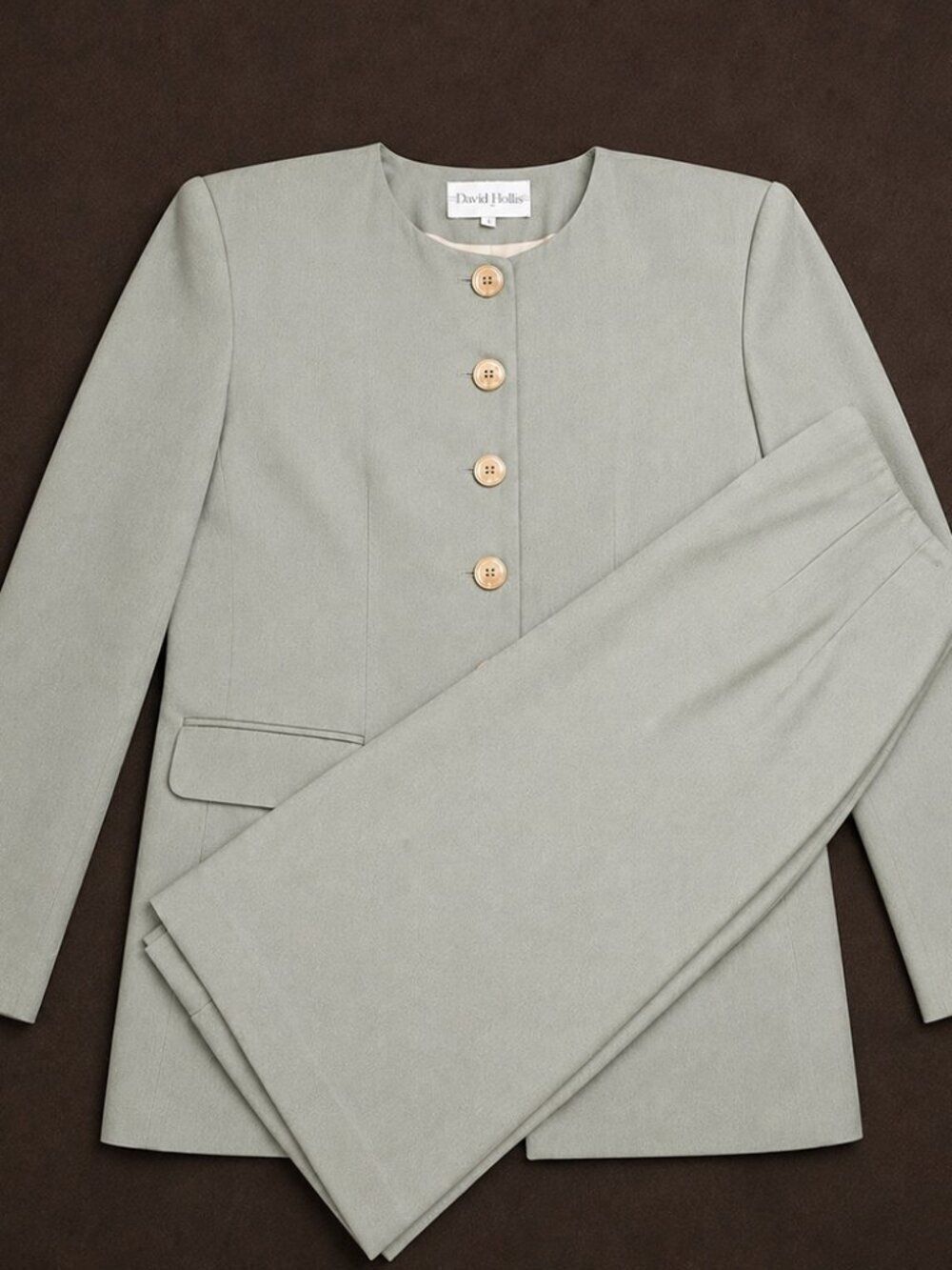 David Hollis Sage Green Skirt Suit Size 8 Collarless Jacket Classic